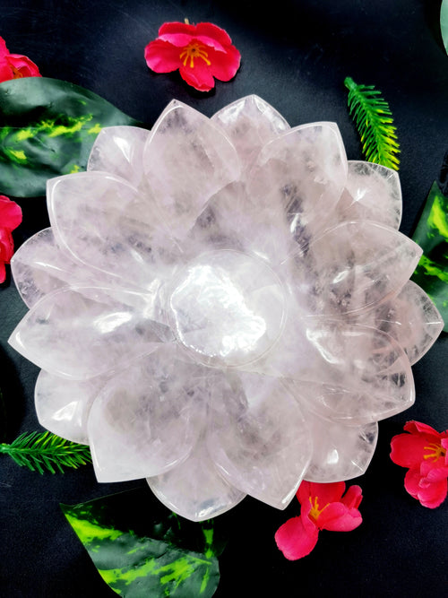 Beautiful rose quartz hand carved lotus bowls - 7 inches diameter and 600 gms (1.3 lb) - ONE BOWL ONLY