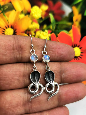 Breathtaking and unique snake shaped rainbow moonstone earrings in 925 Sterling Silver | gemstone jewelry | crystal jewelry | quartz jewelry - Shwasam