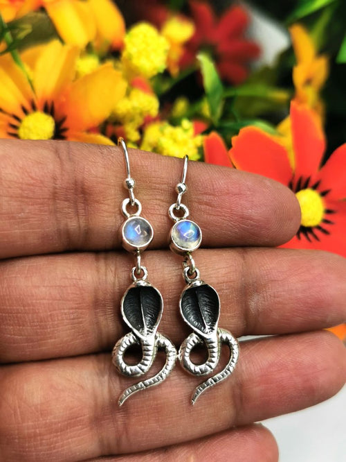 Breathtaking and unique snake shaped rainbow moonstone earrings in 925 Sterling Silver | gemstone jewelry | crystal jewelry | quartz jewelry - Shwasam