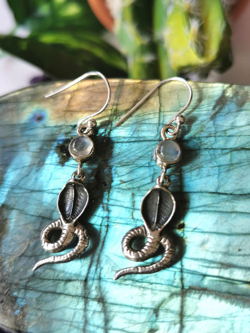 Breathtaking and unique snake shaped rainbow moonstone earrings in 925 Sterling Silver | gemstone jewelry | crystal jewelry | quartz jewelry - Shwasam