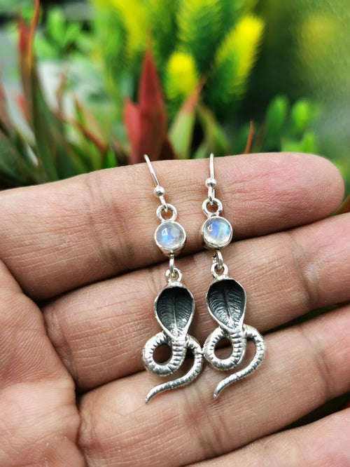 Breathtaking and unique snake shaped rainbow moonstone earrings in 925 Sterling Silver | gemstone jewelry | crystal jewelry | quartz jewelry - Shwasam