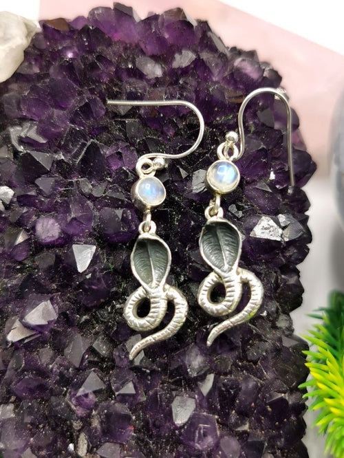 Breathtaking and unique snake shaped rainbow moonstone earrings in 925 Sterling Silver | gemstone jewelry | crystal jewelry | quartz jewelry - Shwasam