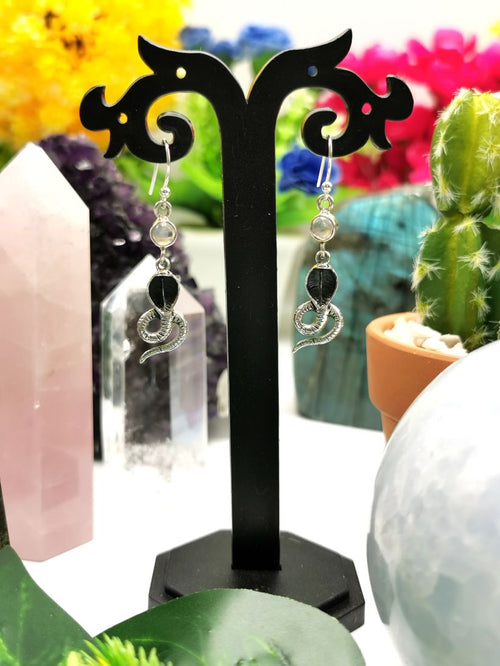 Breathtaking and unique snake shaped rainbow moonstone earrings in 925 Sterling Silver | gemstone jewelry | crystal jewelry | quartz jewelry - Shwasam
