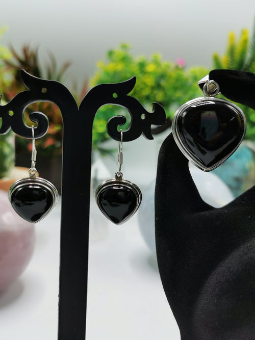 Elegant Black Onyx Jewelry set with pendant, 2 earrings in 925 sterling silver | gifts for her | gifts for girlfriend | gifts for mom - Shwasam