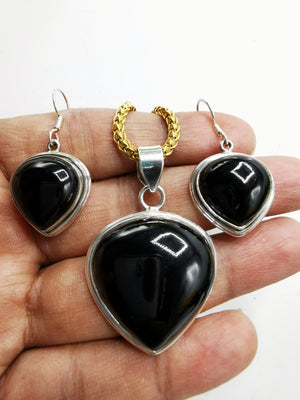 Elegant Black Onyx Jewelry set with pendant, 2 earrings in 925 sterling silver | gifts for her | gifts for girlfriend | gifts for mom - Shwasam