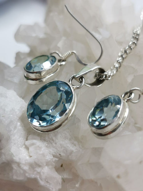 Blue Topaz stone jewelry set in 925 sterling silver - Pendant & Earring | gifts for her | gifts for girlfriend | gifts for mom daughter - Shwasam