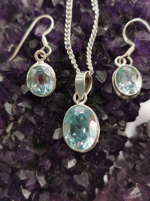 Blue Topaz stone jewelry set in 925 sterling silver - Pendant & Earring | gifts for her | gifts for girlfriend | gifts for mom daughter - Shwasam