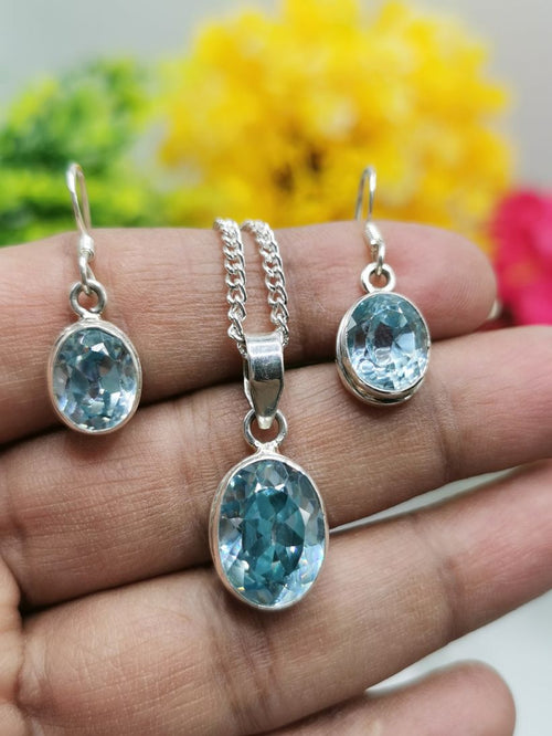 Blue Topaz stone jewelry set in 925 sterling silver - Pendant & Earring | gifts for her | gifts for girlfriend | gifts for mom daughter - Shwasam