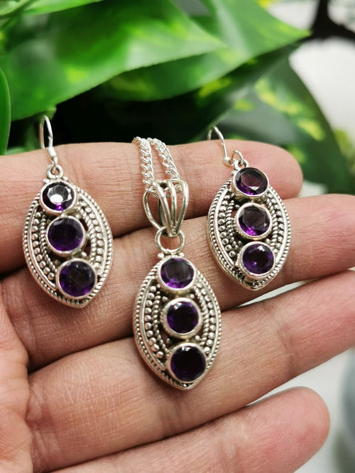 Amethyst Jewelry Set made in 925 Sterling Silver - Pendant & Earrings in amethyst stone | Mothers Day | Anniversary Gift | Birthday Gift - Shwasam