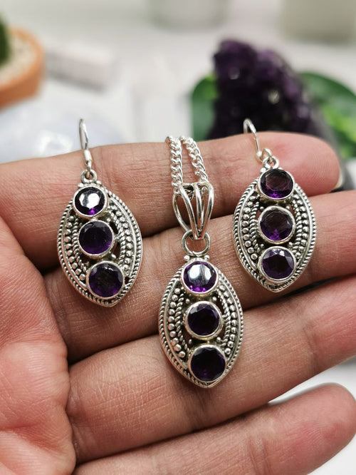 Amethyst Jewelry Set made in 925 Sterling Silver - Pendant & Earrings in amethyst stone | Mothers Day | Anniversary Gift | Birthday Gift - Shwasam