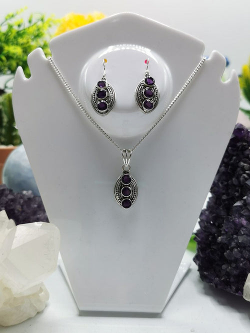 Amethyst Jewelry Set made in 925 Sterling Silver - Pendant & Earrings in amethyst stone | Mothers Day | Anniversary Gift | Birthday Gift - Shwasam