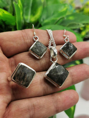 Black Rutile Jewelry Set made in 925 silver - Pendant & Earrings in black rutile | Mothers Day | Anniversary Gift | Birthday Gift - Shwasam