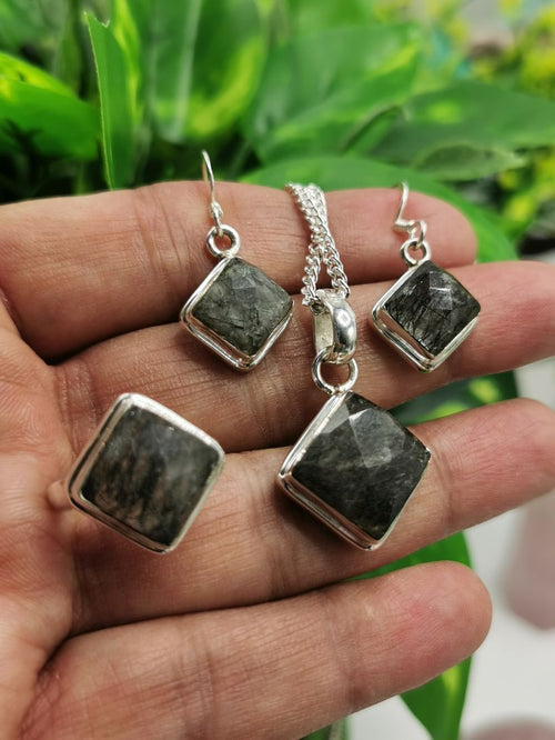 Black Rutile Jewelry Set made in 925 silver - Pendant & Earrings in black rutile | Mothers Day | Anniversary Gift | Birthday Gift - Shwasam