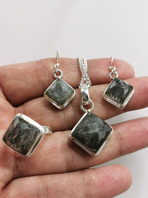 Black Rutile Jewelry Set made in 925 silver - Pendant & Earrings in black rutile | Mothers Day | Anniversary Gift | Birthday Gift - Shwasam