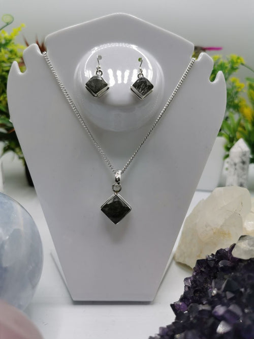 Black Rutile Jewelry Set made in 925 silver - Pendant & Earrings in black rutile | Mothers Day | Anniversary Gift | Birthday Gift - Shwasam