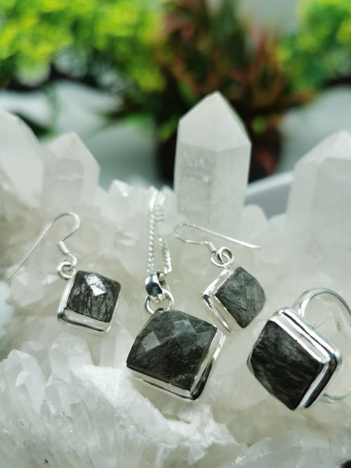 Black Rutile Jewelry Set made in 925 silver - Pendant & Earrings in black rutile | Mothers Day | Anniversary Gift | Birthday Gift - Shwasam