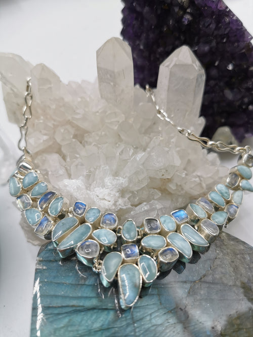 Larimar and Rainbow Moonstone Necklace Jewelry in 925 sterling silver | Christmas gift | Mothers Day | Anniversary Gift | Birthday Gift - Shwasam