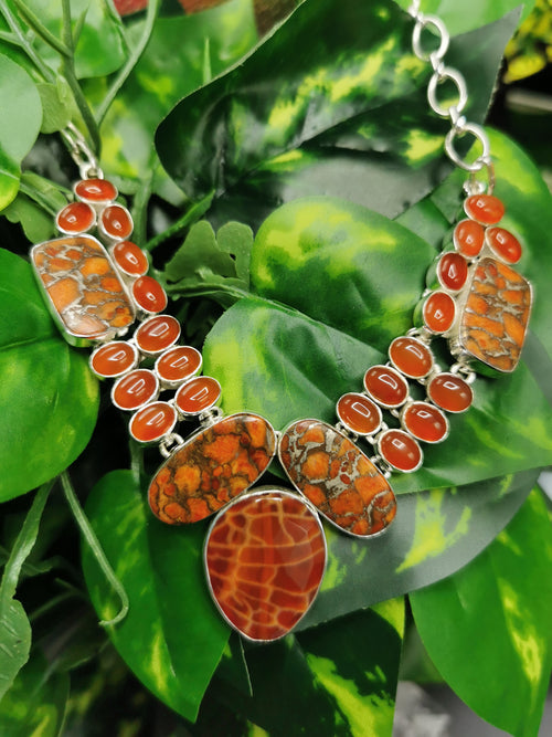 925 Silver Necklace made with crackled fire agate, copper turquoise and carnelian | gifts for her | gifts for girlfriend | gifts for mom daughter sister - Shwasam