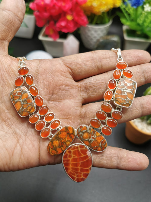925 Silver Necklace made with crackled fire agate, copper turquoise and carnelian | gifts for her | gifts for girlfriend | gifts for mom daughter sister - Shwasam