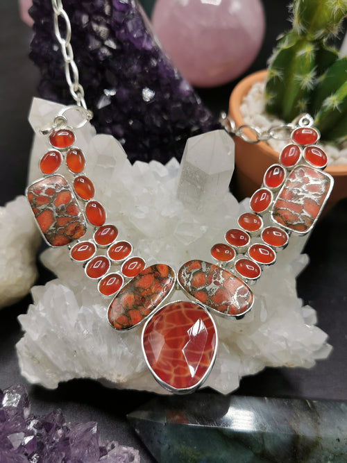 925 Silver Necklace made with crackled fire agate, copper turquoise and carnelian | gifts for her | gifts for girlfriend | gifts for mom daughter sister - Shwasam