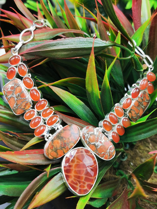 925 Silver Necklace made with crackled fire agate, copper turquoise and carnelian | gifts for her | gifts for girlfriend | gifts for mom daughter sister - Shwasam