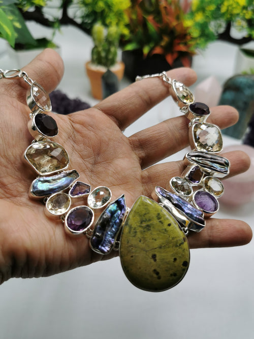 925 Silver Necklace with Termamian, Freshwater Pearl, Green Amethyst, Amethyst & Citrine stone | gemstone jewelry | crystal jewelry | quartz - Shwasam