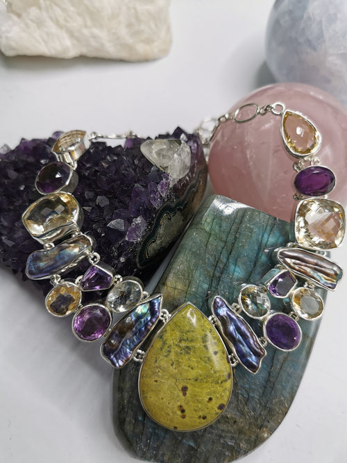 925 Silver Necklace with Termamian, Freshwater Pearl, Green Amethyst, Amethyst & Citrine stone | gemstone jewelry | crystal jewelry | quartz - Shwasam