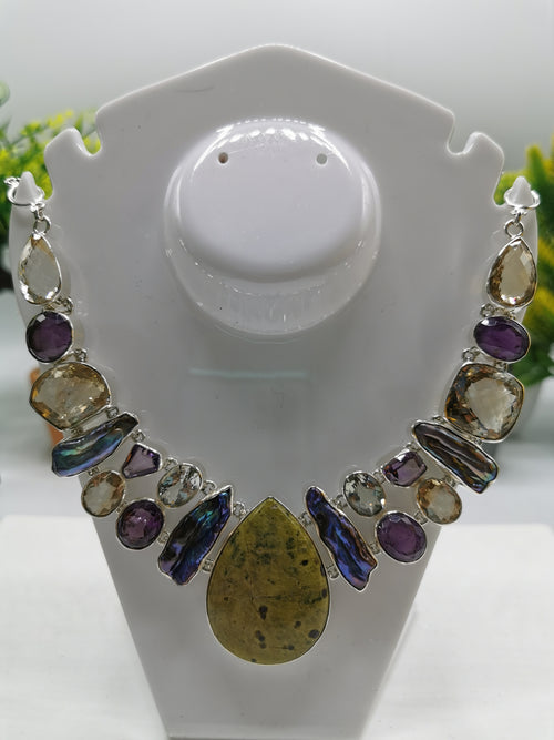 925 Silver Necklace with Termamian, Freshwater Pearl, Green Amethyst, Amethyst & Citrine stone | gemstone jewelry | crystal jewelry | quartz - Shwasam