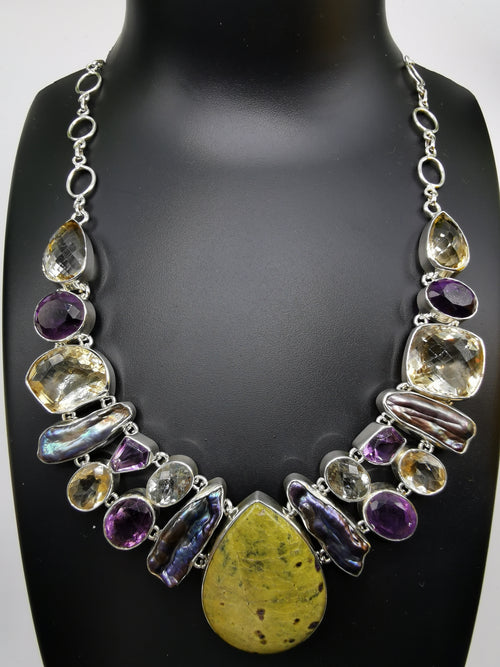 925 Silver Necklace with Termamian, Freshwater Pearl, Green Amethyst, Amethyst & Citrine stone | gemstone jewelry | crystal jewelry | quartz - Shwasam