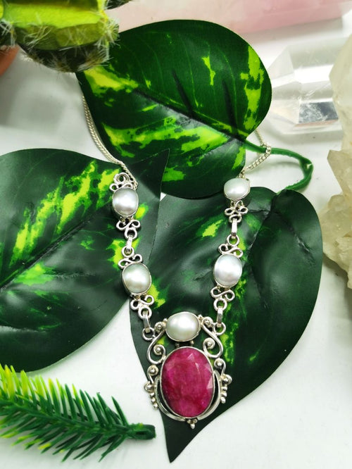 Stunning Ruby and Pearl necklace in 925 sterling silver - gemstone/crystal jewelry | Mother's Day/engagement/wedding/anniversary/occasion gift - Shwasam