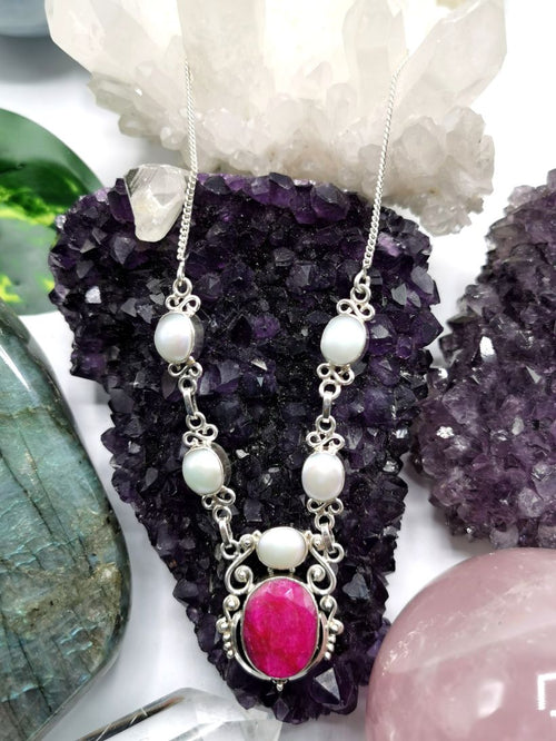 Stunning Ruby and Pearl necklace in 925 sterling silver - gemstone/crystal jewelry | Mother's Day/engagement/wedding/anniversary/occasion gift - Shwasam