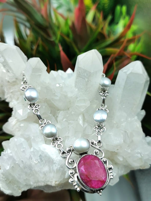 Stunning Ruby and Pearl necklace in 925 sterling silver - gemstone/crystal jewelry | Mother's Day/engagement/wedding/anniversary/occasion gift - Shwasam