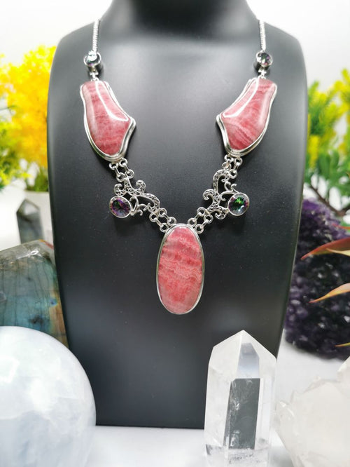 Gemstone jewelry necklace with Rhodochrosite and Mystic stone made in 925 sterling silver - Shwasam