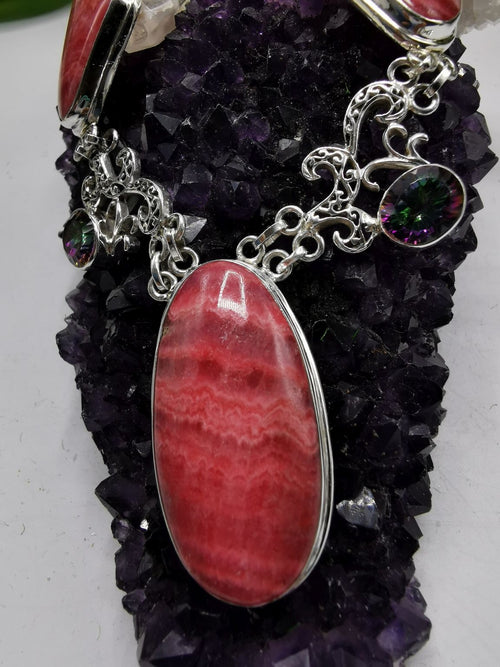 Gemstone jewelry necklace with Rhodochrosite and Mystic stone made in 925 sterling silver - Shwasam