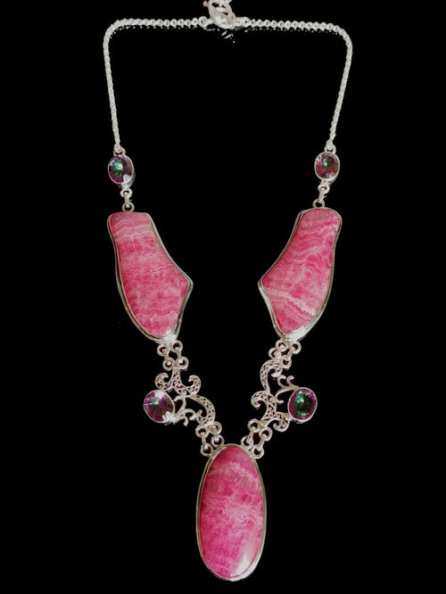 Gemstone jewelry necklace with Rhodochrosite and Mystic stone made in 925 sterling silver - Shwasam