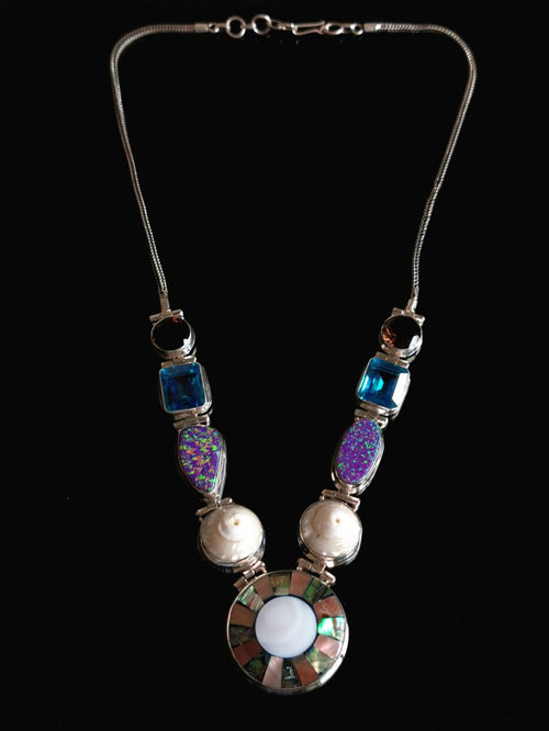 Necklace in 925 silver with Shell, Blue Topaz, Opal, Smoky Quartz Gemstones | gifts for her | gifts for girlfriend | gifts for mom daughter sister - Shwasam