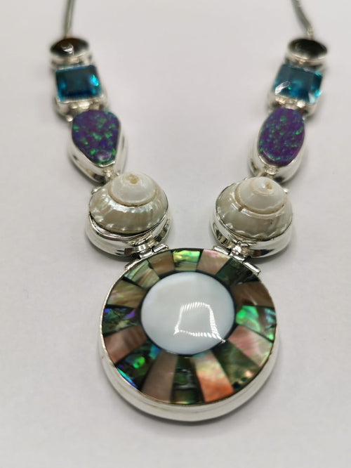 Necklace in 925 silver with Shell, Blue Topaz, Opal, Smoky Quartz Gemstones | gifts for her | gifts for girlfriend | gifts for mom daughter sister - Shwasam