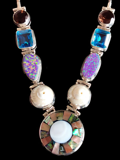 Necklace in 925 silver with Shell, Blue Topaz, Opal, Smoky Quartz Gemstones | gifts for her | gifts for girlfriend | gifts for mom daughter sister - Shwasam