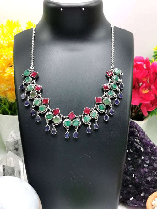 Breathtaking ruby/emerald/blue sapphire necklace in 925 sterling silver | Christmas gift | Mothers Day | Anniversary Gift | Birthday Gift - Shwasam