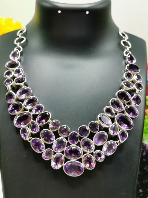Exquisite Designer Amethyst Stone Necklace set in 925 Sterling Silver | gemstone jewelry | crystal jewelry | quartz jewelry | Amethyst Necklace - Shwasam
