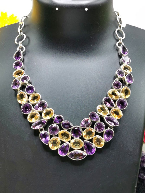 Exquisite Designer Amethyst Citrine Stone Necklace set in 925 Sterling Silver | Christmas gift | Mothers Day | Anniversary Gift | Birthday Gift | Wedding Gift | Amethyst Citrine Necklace - Shwasam