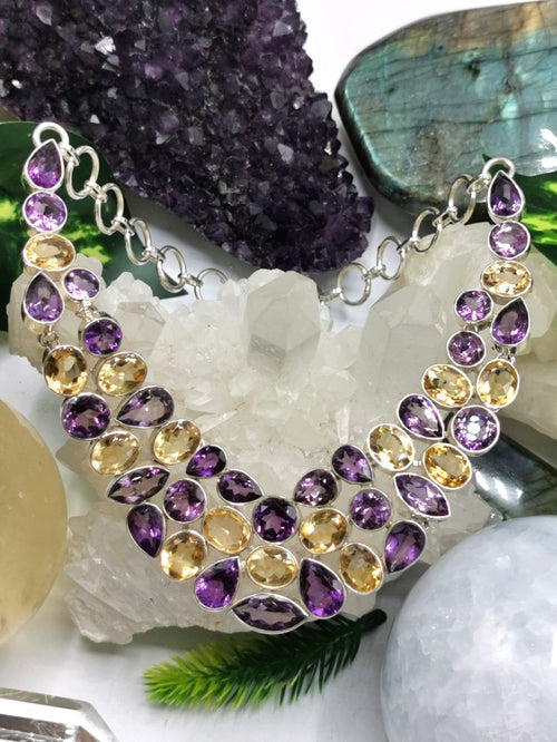 Exquisite Designer Amethyst Citrine Stone Necklace set in 925 Sterling Silver | Christmas gift | Mothers Day | Anniversary Gift | Birthday Gift | Wedding Gift | Amethyst Citrine Necklace - Shwasam