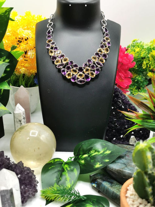 Exquisite Designer Amethyst Citrine Stone Necklace set in 925 Sterling Silver | Christmas gift | Mothers Day | Anniversary Gift | Birthday Gift | Wedding Gift | Amethyst Citrine Necklace - Shwasam
