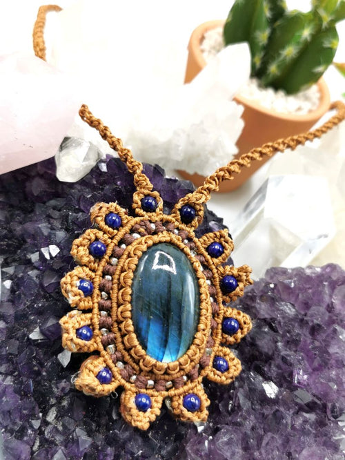 Intricately handcrafted Macrame necklace with labradorite and lapis lazuli stones | gifts for her | gifts for girlfriend | gifts for mom daughter sister - Shwasam