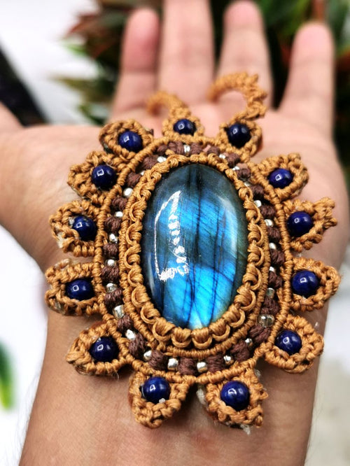 Intricately handcrafted Macrame necklace with labradorite and lapis lazuli stones | gifts for her | gifts for girlfriend | gifts for mom daughter sister - Shwasam