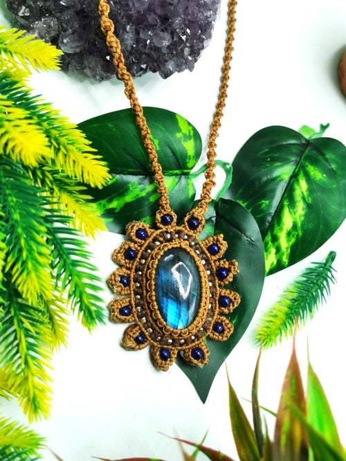 Intricately handcrafted Macrame necklace with labradorite and lapis lazuli stones | gifts for her | gifts for girlfriend | gifts for mom daughter sister - Shwasam