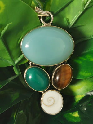 Multi Gemstone Jewelry Pendant having blue & green onyx, tiger eye and shiva eye stones made in 925 sterling silver | Christmas gift | Mothers Day | Anniversary Gift | Birthday Gift - Shwasam