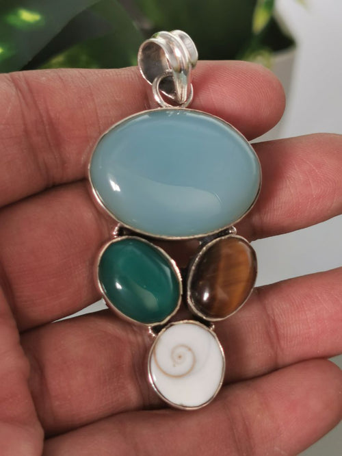 Multi Gemstone Jewelry Pendant having blue & green onyx, tiger eye and shiva eye stones made in 925 sterling silver | Christmas gift | Mothers Day | Anniversary Gift | Birthday Gift - Shwasam