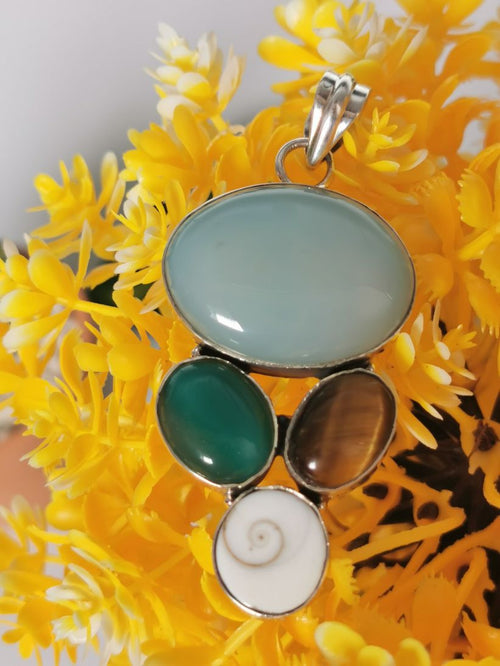 Multi Gemstone Jewelry Pendant having blue & green onyx, tiger eye and shiva eye stones made in 925 sterling silver | Christmas gift | Mothers Day | Anniversary Gift | Birthday Gift - Shwasam