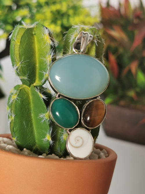 Multi Gemstone Jewelry Pendant having blue & green onyx, tiger eye and shiva eye stones made in 925 sterling silver | Christmas gift | Mothers Day | Anniversary Gift | Birthday Gift - Shwasam